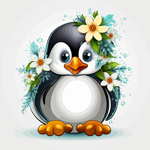 lucky penguin, flowers, detailed, cartoon style, 2d clipart vector, creative and imaginative, hd, white background