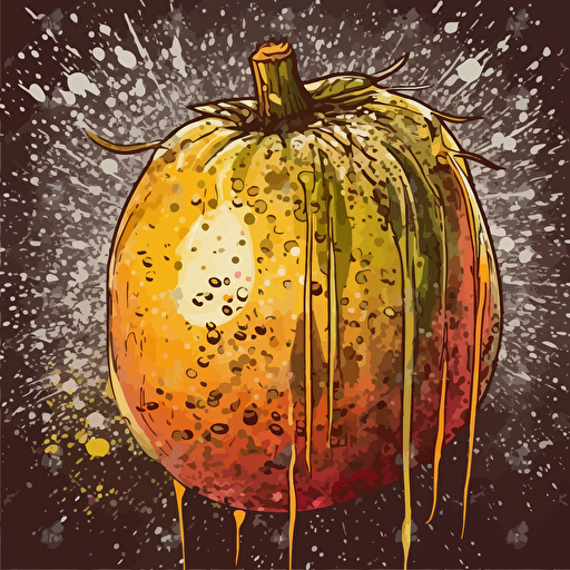 one juicy exotic fruit, simple background, distorted, dimmed lights, depth of field, rough, textured, grainy surface, dusty, vector, desaturated colour drips, graffiti, artificial, highres
