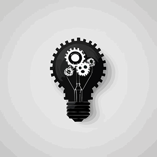 Modern, minimalist iconic logo of a lightbulb with gear or cogs, black vector, on white background