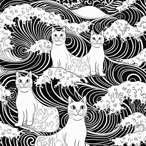 cats and waves pattern, symmetrical, black and white, vector