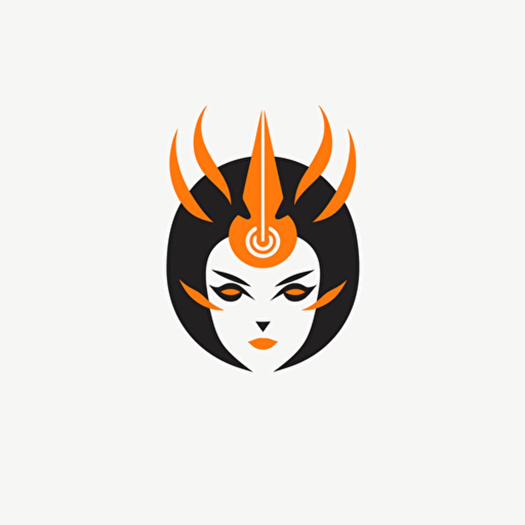 clean vector logo by Paul Rand, front face view of friendly robotic female AI with hair of fire, flat, minimal, modern, 2 colors, white background