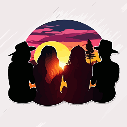 Simple art, 5 females at a bachelorette party sitting backwards with view behind a campfire, sunset, vector, sticker die cut