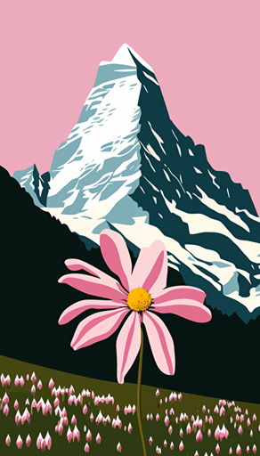 Swiss mountains, digital art, vector art, cute, pretty, simple, Zermatt, pink, edelweiss, by David Hockney