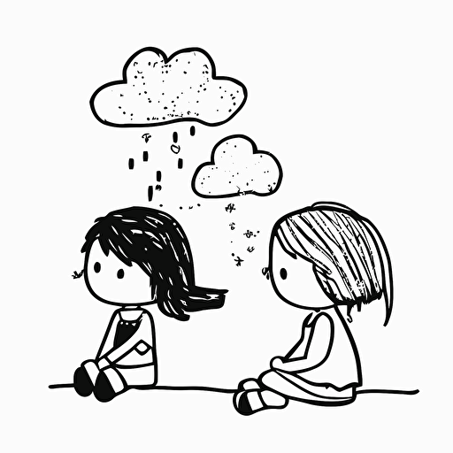 Flat design illustration of children happily thinking about the future, line drawing art, black and white, simple and beautiful, vector art,