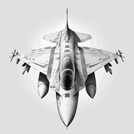directly above plan view of a usaf F16 aircraft, black and white simple vector drawing, no grey no background low detail