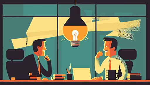two corporate people talking in an office, light bulb idea floating in the middle, flat vector art style, illustration, very detailed, by Tom Whalen