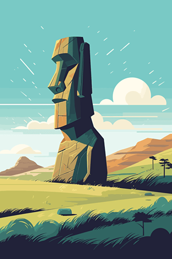 long distance view of Easter island, blue sky, vector design, minimalist, flat