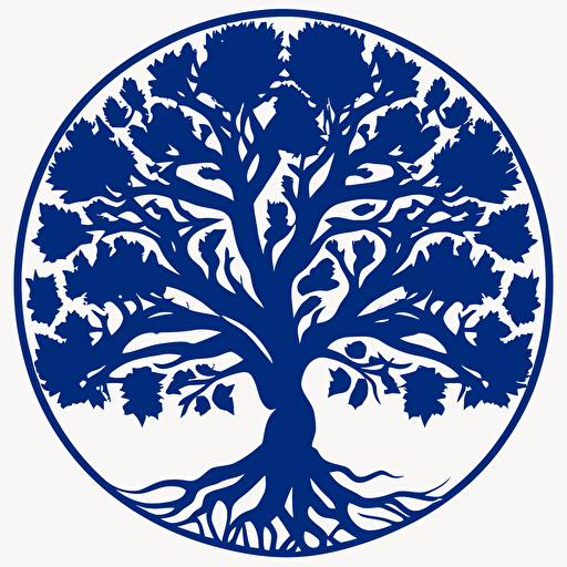 a royal blue bitmap vector silhouette of a tree of life within a circle, with 7 simple roots, simplified forms for use as a logo