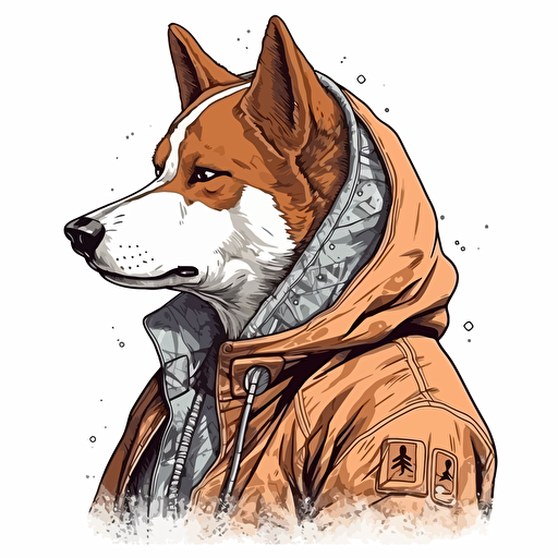 Shiba Inu wearing a hoodie, cartoon anime, 2/3 left side profile shot, sci