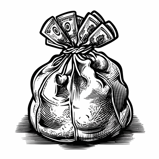 a money logo, money bag full of cash, black and white, white background, vector, png
