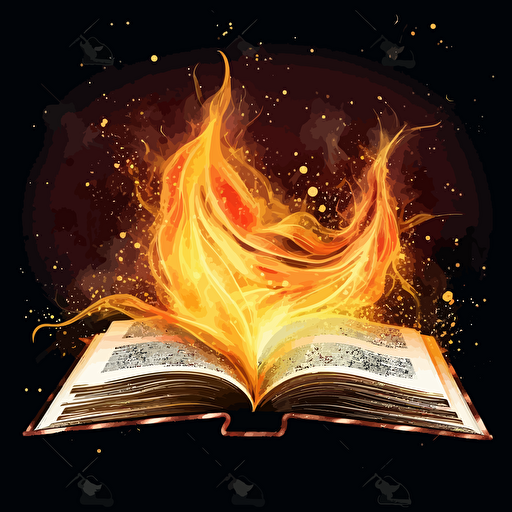 an open book with fire coming out of the pages, vector, art