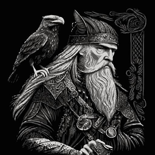 odin with a raven, blackwork, vector, artistic, detailed
