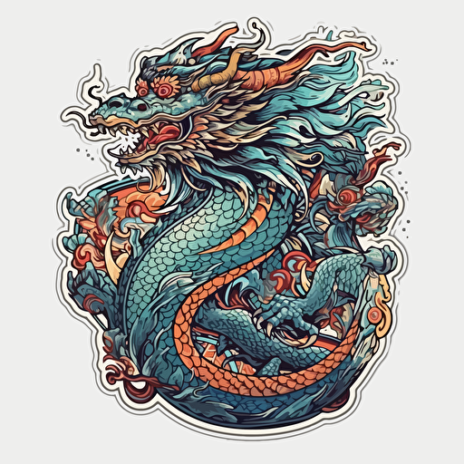 Chinese dragon, digital art, vector, hyper-detailed, white background, sticker, blues