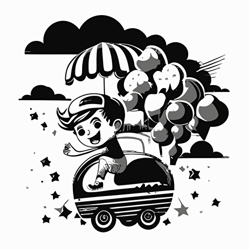 Black and white vector illustration of little boy flying over fruit vendor cart