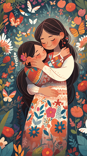 In the center of the picture are mother and child, both smiling. The mother's arms are wrapped around the child, and the child rests his head on the mother's shoulder. They are dressed in bright colors, making the whole picture look lively and cheerful. The background is a beautiful garden full of flowers and greenery. Some butterflies and birds also appear in the picture, adding some natural elements to this warm scene. The tone of the picture will be very bright, moments of happiness and joy, vector illustration,flat illustration, whimsical children's book illustration