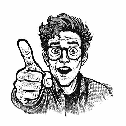 Nerd point to the camera doodle vector ilustration, black and white