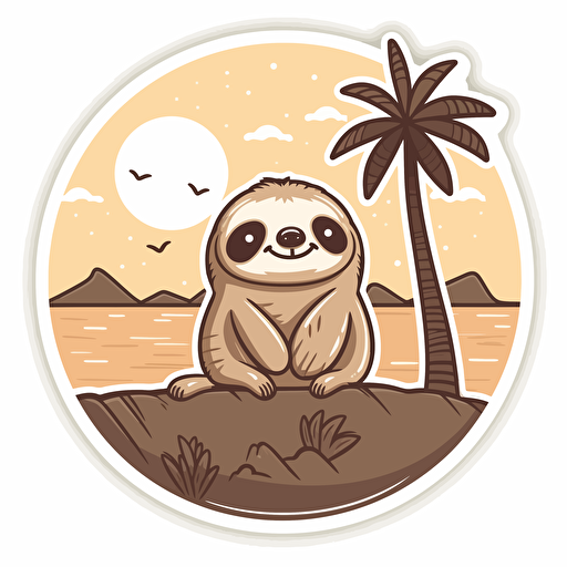 a cute summer sticker showing a sloth on the beach, childish monochromatic vector in white background