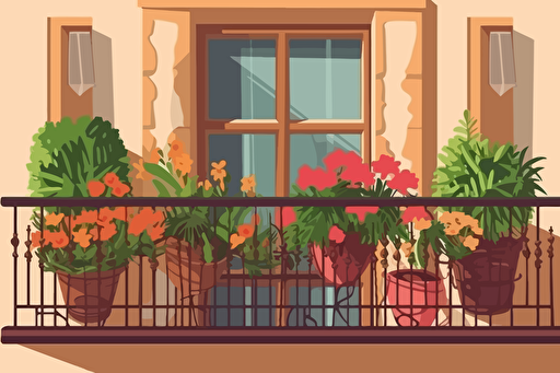 Balcony with potted flowers, simple vector cartoon style,