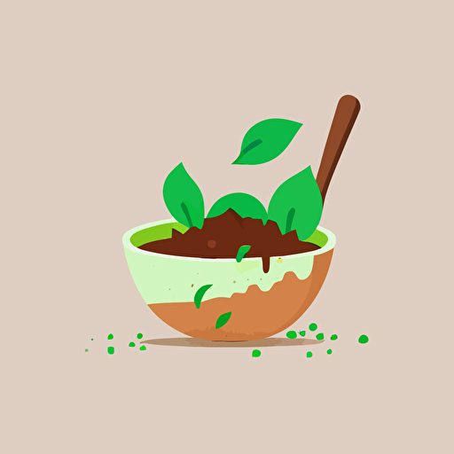 cute and minimalist compost bowl, vector, simple, green and brown, vegetable peels, 2d, minimal