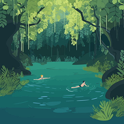 2d illustration of two people swimming in the Enchanted river of Bislig Mindanao, vector style