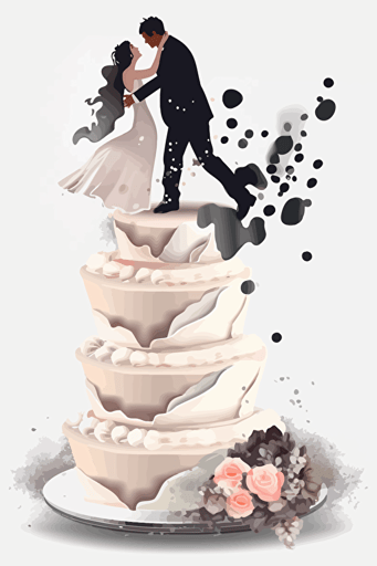 vector illustration wedding cake with bride and groom falling off the side, transparent background