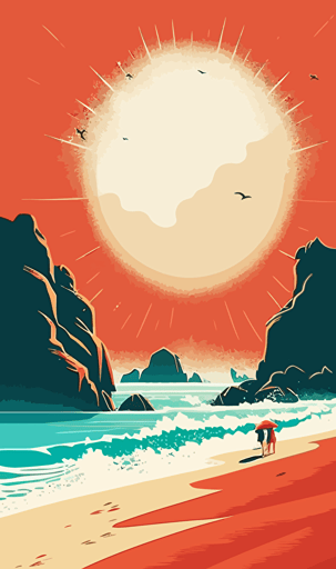 vector illustration of a beach and a beautiful sun with foamy waves, sharp and well drawn figures style Jak Vetriano , Emiliano Ponzi, Emilio Tadini, v5