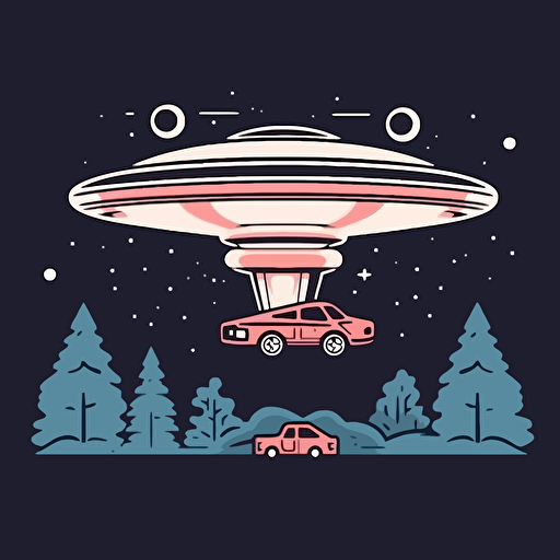ufo pizza delivery, design, suburban night scene, retro, 2d, vector, white background