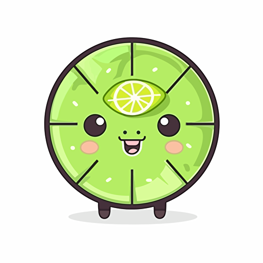 Kawaii lime slice wheel, flat, 2D, vector, 16 colors, white background, in anime chibi style