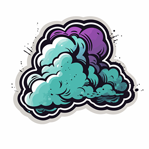 Sticker of an isolated comic thought cloud, vector, in the style of Shepard Fairey, color purple teal black white, no shadow, white background