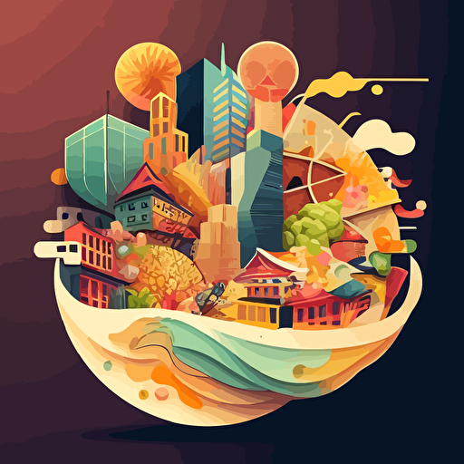 colorful vector art, a multiverse of asian food and buildings