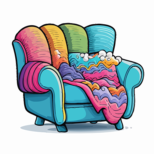 oversized stuffed chair with a throw blanket, Sticker, Joyful, Electric Colors, cartoon, Contour, Vector, White Background, Detailed