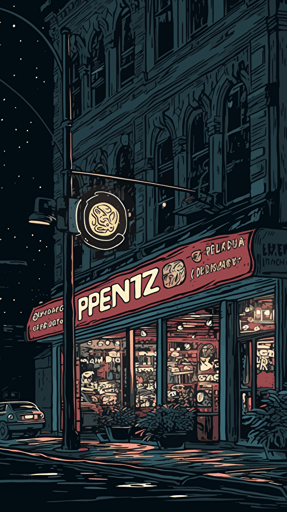 a pizzeria diner in the city street at night illustration, night lights, :: pizza restaurant, 70s comic book cover, vector, black background, highly detailed,