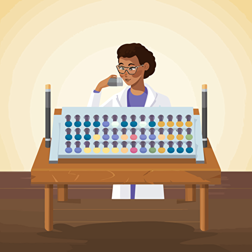 A scientist examining test tubes on a wooden table, with a white board in the background. flat style illustration for business ideas, flat design vector, industrial, light color pallet using a limited color pallet, high resolution, engineering/ construction and design, colored cartoon style, light indigo and light gold, cad( computer aided design) , white background