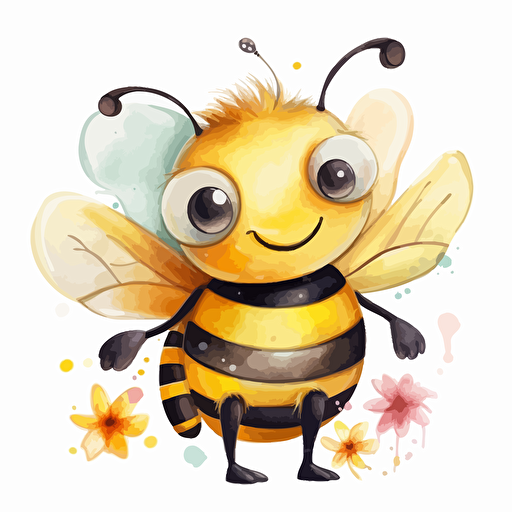cute bumblebee, flowers, detailed, cartoon style, 2d watercolor clipart vector, creative and imaginative, hd, white background
