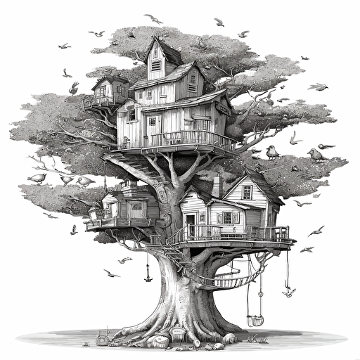 White, no color, cartoon vector drawing of a big tree with a tree house, birds, simple, low detail,