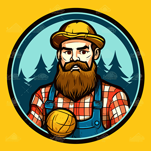 cartoon logo of lumberjack holding a backetball simple vector blue red yellow