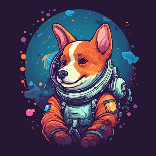 Vector illustration of funny dog with a space suit, floating in space, in vivid colors