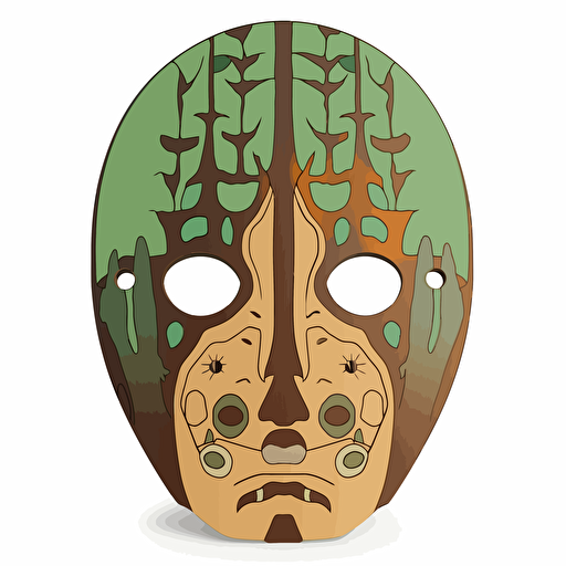 wooden face mask, ghibli vector style, brown, green