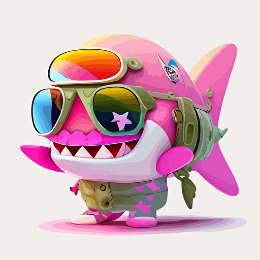 a very cute pink baby shark wearing very big sunglasses dressed up as a soldier, as a cartoon type, as a vector, white background, bright graffiti colors