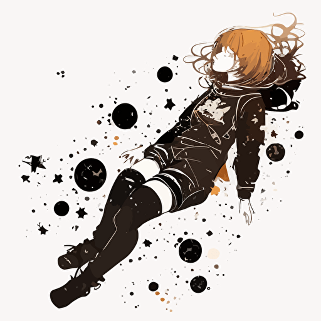 Girl floating in space,stars, Relaxed, Dark colours, ,Anime, Contour, Vector, White background, Detailed