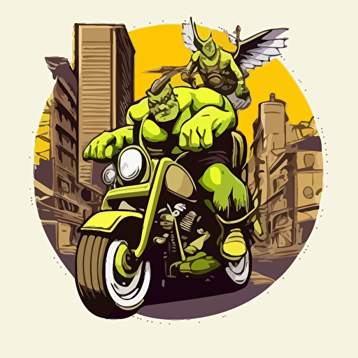 ogre riding a chopper in bad part of city, vector logo, vector art, emblem, simple cartoon, 2d, no text, white background