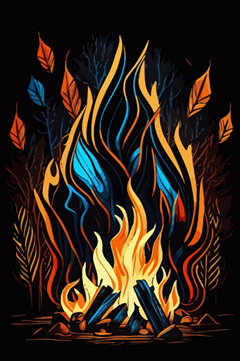 abstract campfire, orange and blue colors, pop art deco illustration, hand vector art, black background,