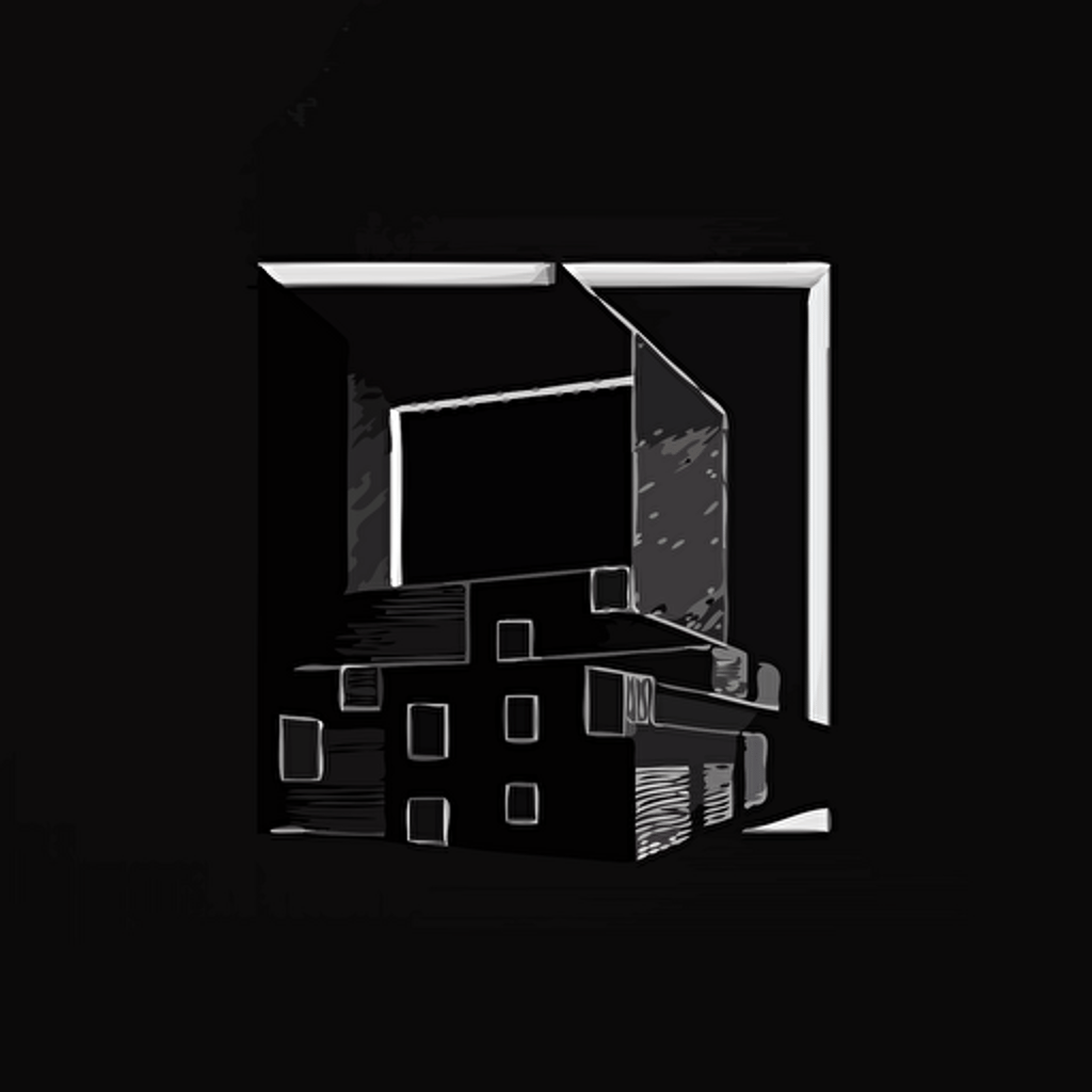 design a flat black and white vector logo on the concept of a building black and white single line greyscale no colour geometric squares rectangles single line, black background, minimal square, 2d, flat design, brand name Diorama