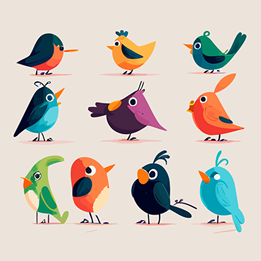 expressive cartoon bird poses, vector, minimal, flat, contemporary, simple