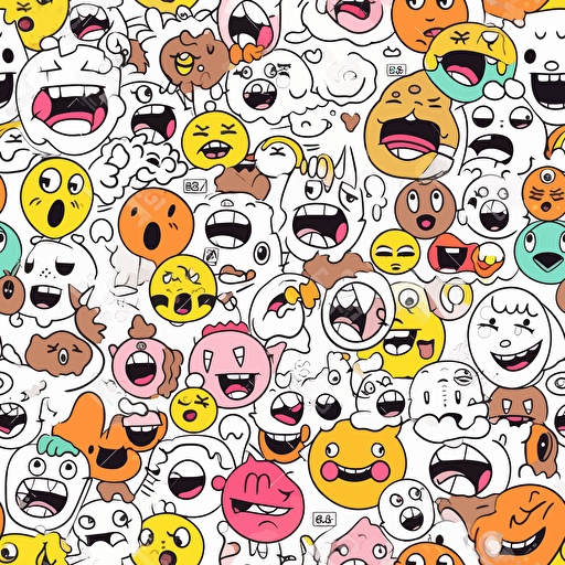 a seamless pattern of funny emojis cartoon, white background, black outline, vector art,