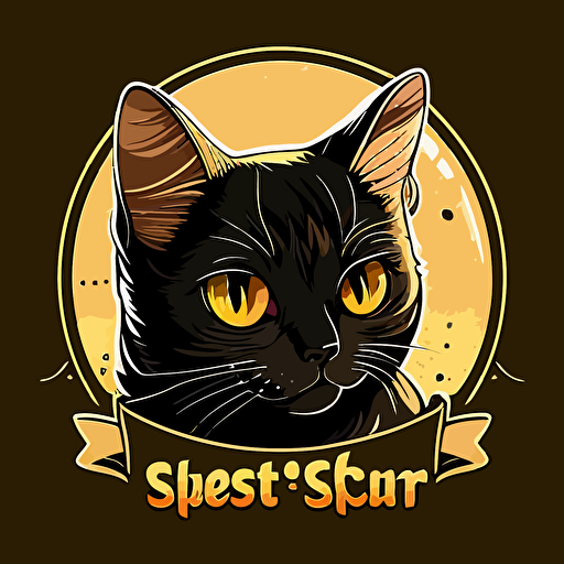 cat pet shop logo, brishtish short hair black golden cat, big round eyes, has a name tag, lovely cute cat, cirble background, vector art style