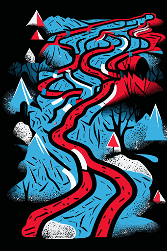 hiking map, blue, red and white colors, pop art deco illustration, hand vector art, black background,