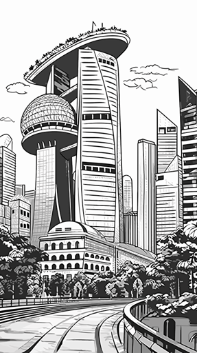 Singapore iconic architecture ignorant style No Shadow. Cartoon. Coloring page. Vector. Simple.