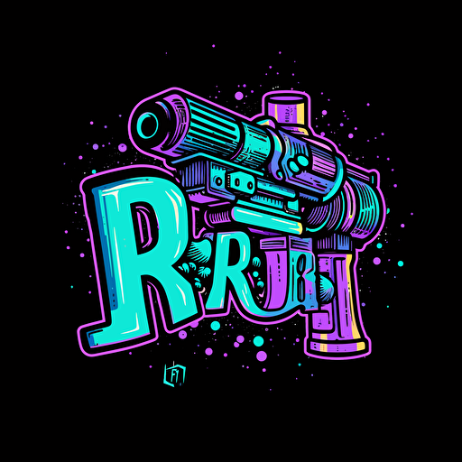 A vector logo for a movie production company with the initials "PR". The logo incorporates the letter symbols "P" and "R" and incorporates a gradient of the colors cyan, turquoise, teal, and violet. The logo features a Nerf blaster. Use the "lemon milk" font.