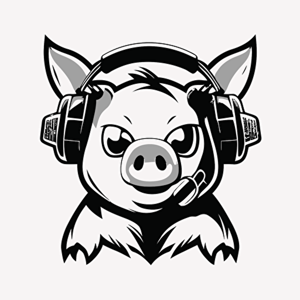 mascot logo of a dj pig with earphones, esports style, black and white, 2D vector logo, flat, white background,